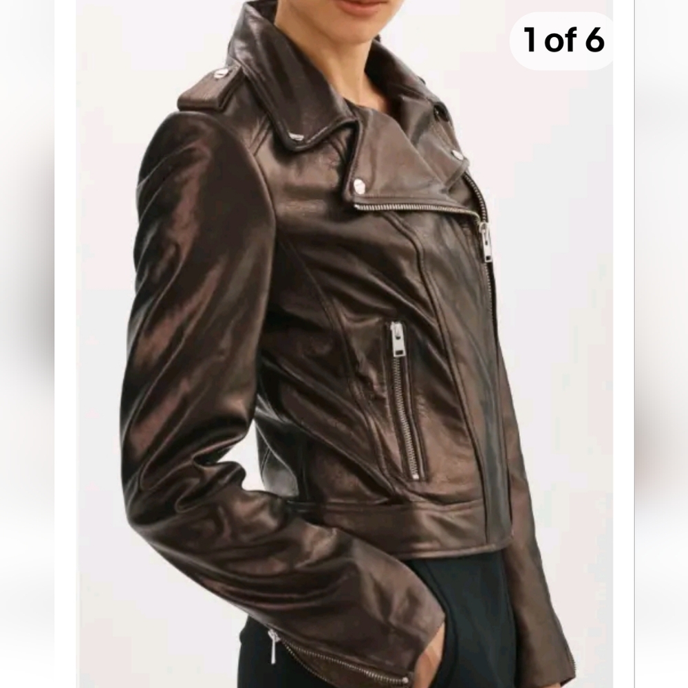 LAMARQUE Dark Brown Leather Moto Biker Jacket Size M Espresso Silver Hardware